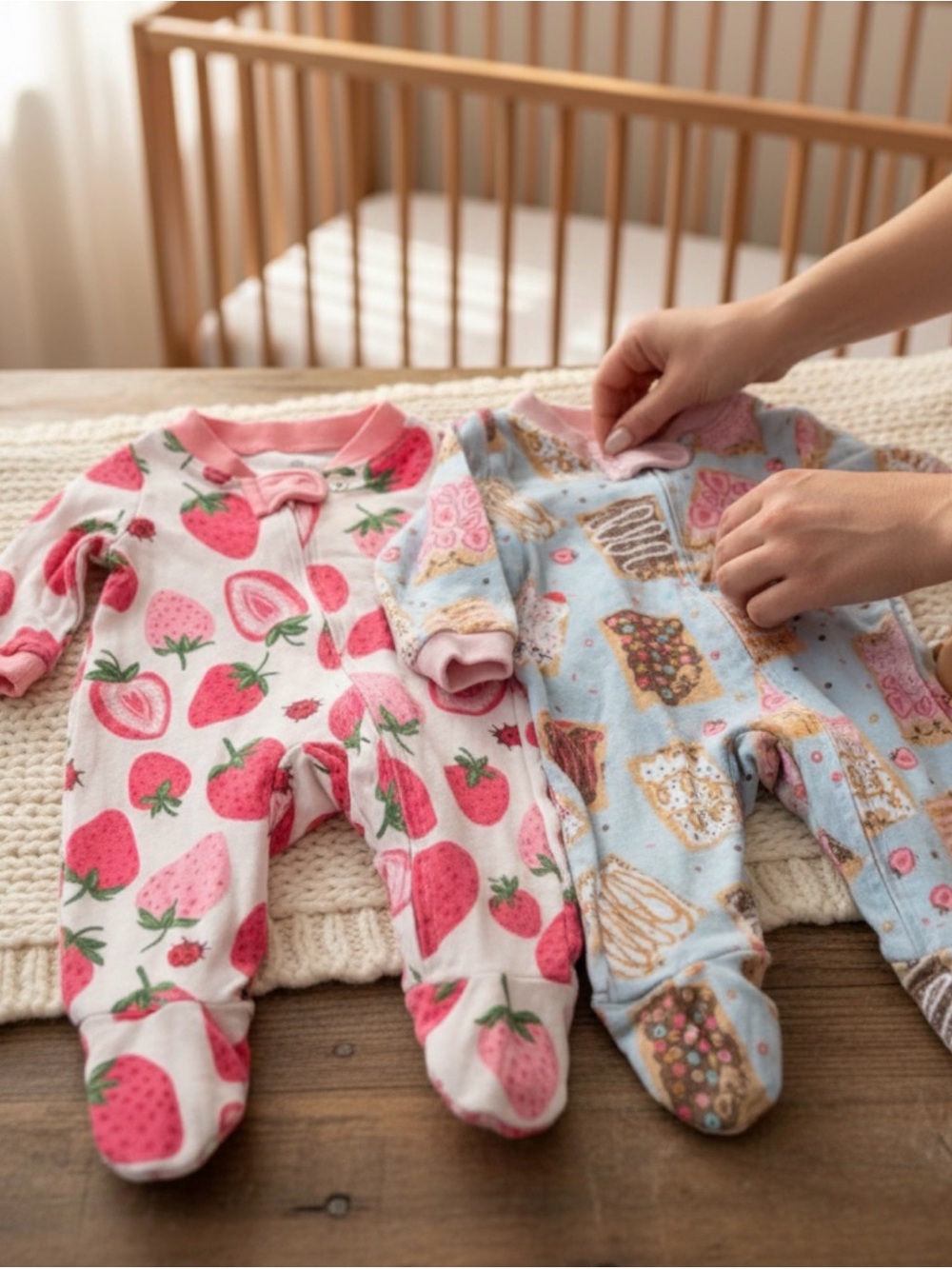 SET OF 2 Kids Footie One-Piece Pajamas in Pink Strawberry & Blue Dessert Prints